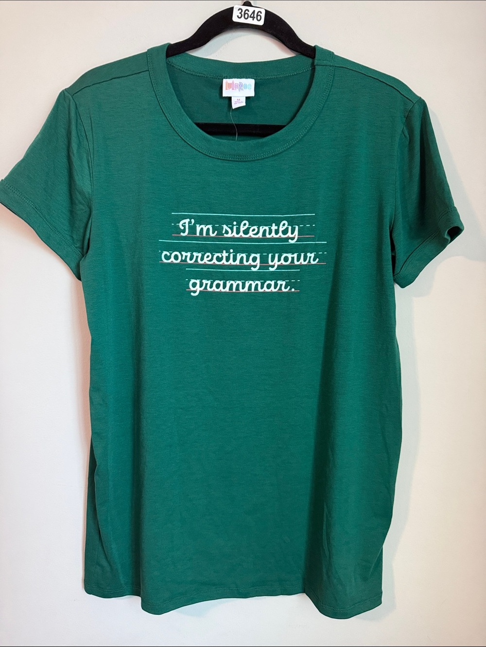 LuLaRoe Emerald Green Short Sleeve Tee with White Grammar Script